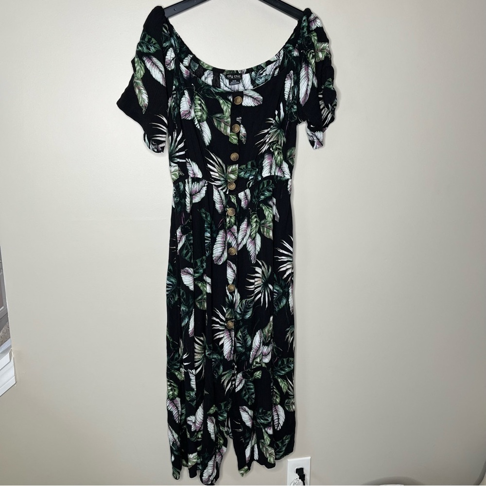 City Chic Off/On Shoulder Floral Print Maxi Faux Button Down Front Dress SZ M/18